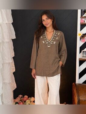JM Collection 100% Linen Beaded V-Neck Tunic Blouse Brown
